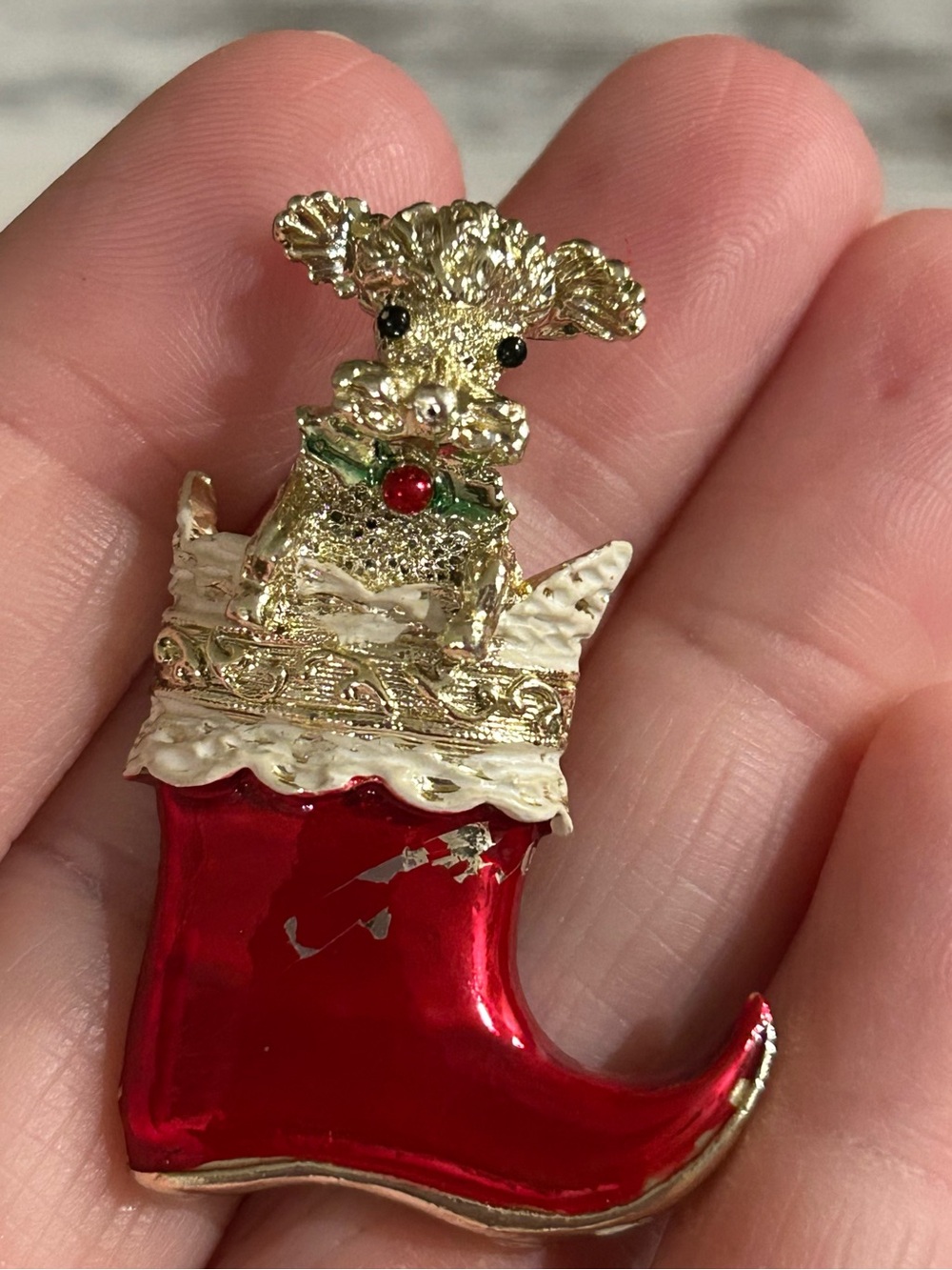 Festive Gold Poodle Brooch with Red Christmas Stocking signed Gerry’s
